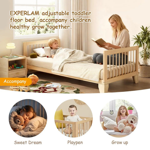 Low Profile Twin Floor Bed With Quick Release Guardrails And Sturdy Wood Frame For Zero Fuss Independent Rest And Totally Hassle Free Crib To Big Kid Transition For Growing Children in a cozy bedroom setting.