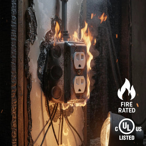Heavy Duty Steel 4x2 Electrical Junction Boxes With Duplex Receptacle Covers Bulk Pack 10 Deep One And Seven Eighths Inches 13 Cu In Capacity Ten Knockouts Half Inch Tough And Reliable Wiring Boxes For Residential Commercial And Industrial Use fire rated in use during fire test.