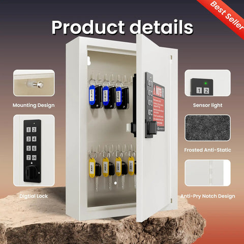Secure Electronic Key Lock Box With 40 Solid Hooks Three Smart Access Modes Slick Beige Storage Cabinet Tight Hold For Office Property And Fleet Control No Sweat Setup with open door, key slots, and digital lock.