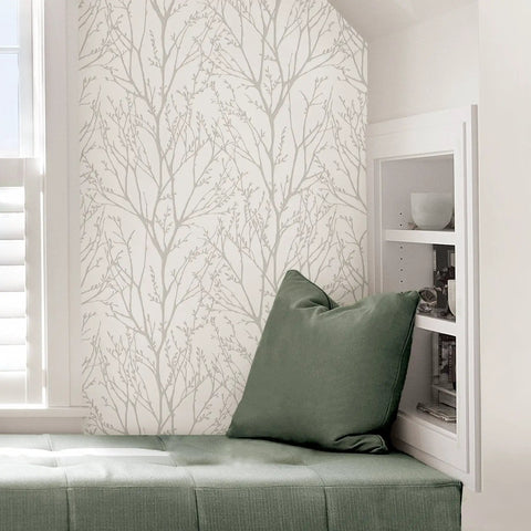 Treetops Peel And Stick Wallpaper In White And Off White, Removable Wall Covering For Easy DIY Decor in cozy reading nook