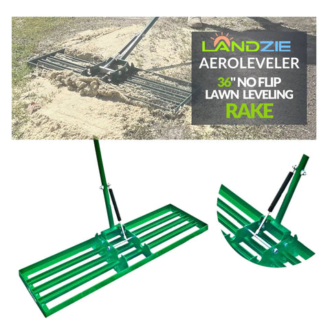 AeroLeveler Dope Pneumatic Lawn Leveling Rake, 36 Inch Wide Yard Tool For Dirt Soil And Sand, shown in action on dirt surface