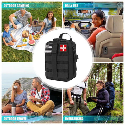 236 Piece Survival Gear Kit With First Aid Medical Supplies, Tactical MOLLE Pouch shown in outdoor camping, daily use, and emergencies settings