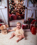 Slick White Barn Door Photography Backdrop For Studio Sessions And Indoor Portraits Seamless Microfiber Photo Background Wall Cover With Light Blocking Build And Zero Sweat Setup For Clean Shots featuring a baby and plush dog.