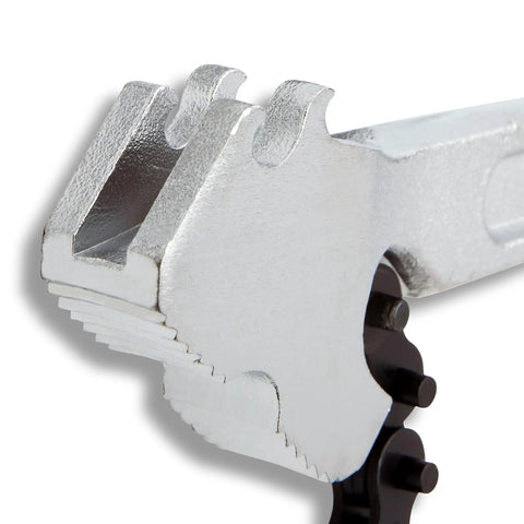 Close-up of the 24 Inch Chain Wrench With Dual Action Grip For Tightening Or Loosening In Tight Spots Fits Pipes Up To 4 Inches, showing metal teeth