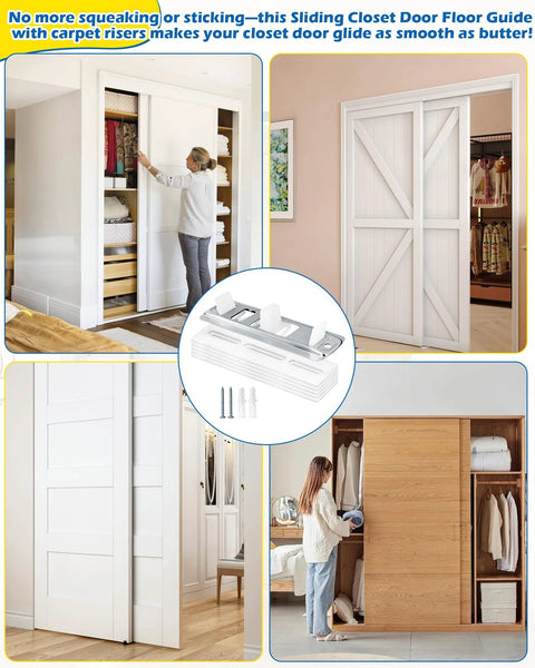 Image showing Adjustable Sliding Closet Door Floor Guides With Carpet Risers, 2 Pack, installed on various closet doors.