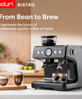 Premium Game Changer Electric Espresso Machine With Integrated Stainless Steel Burr Grinder And High Pressure Milk Frother Steam Wand For Straight Up Barista Style Brewing At Home In Classic Black on kitchen counter, brewing espresso.