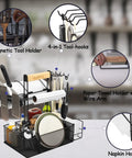Grill Caddy For Outdoor Grill And BBQ Magnetic Tool Holder With paper towel arm, utensil hooks, dish and napkin storage