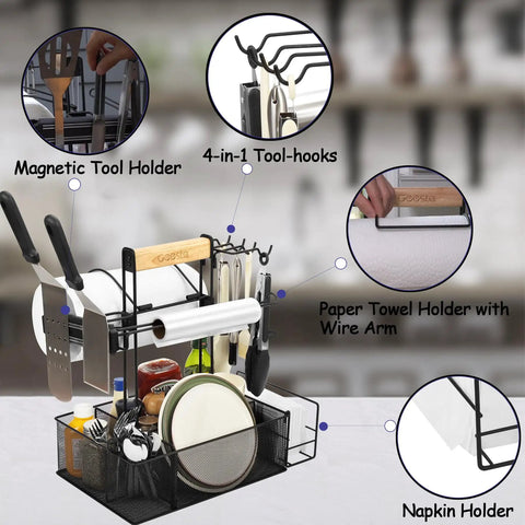 Grill Caddy For Outdoor Grill And BBQ Magnetic Tool Holder With paper towel arm, utensil hooks, dish and napkin storage