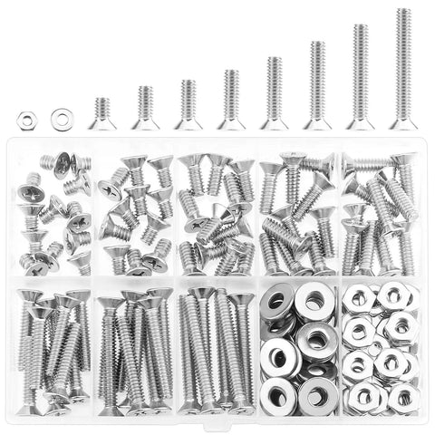 Massive 140 Piece Size 10 24 Phillips Countersunk Machine Screws Nuts And Washers Assortment Kit In 304 Stainless Steel