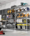 Heavy Duty Badass 5 Tier Chrome Wire Shelving Rack holding tools and storage boxes in a garage setting.