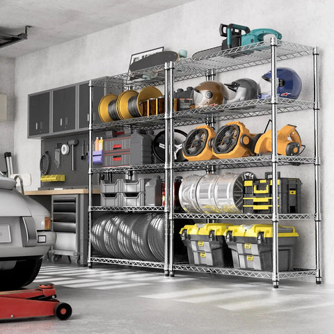 Heavy Duty Badass 5 Tier Chrome Wire Shelving Rack holding tools and storage boxes in a garage setting.