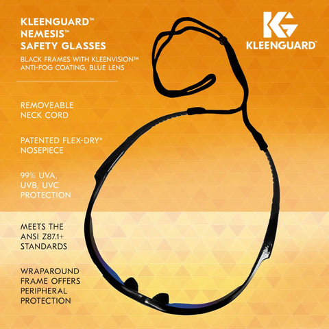 Kickass Worksite Safety Glasses Featuring Slick Blue Mirror Coated Lenses And Heavy Duty Black Frames Built For The Daily Grind While Keeping Your Crew Eyes Fully Protected During Rough Industrial Shifts - Black frames with blue lens and neck cord for safety.