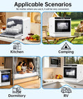 Sleek Portable Countertop Dishwasher Packed With A Built In Five Liter Water Tank in various settings like kitchen, dorm, RV, and camping.