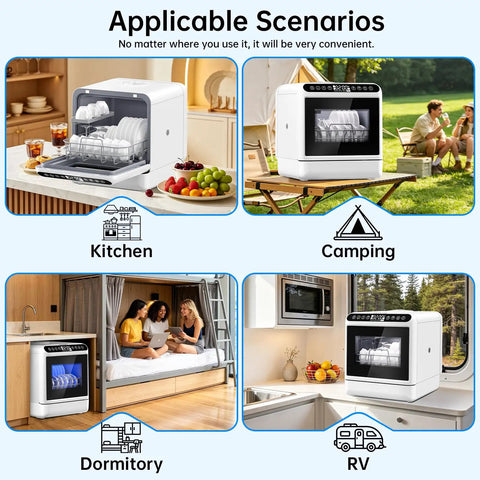 Sleek Portable Countertop Dishwasher Packed With A Built In Five Liter Water Tank in various settings like kitchen, dorm, RV, and camping.