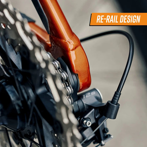 Close-up of bike frame with Universal Derailleur Hanger for SRAM UDH Standard Beefed Up 6061 Alloy Body with black finish.