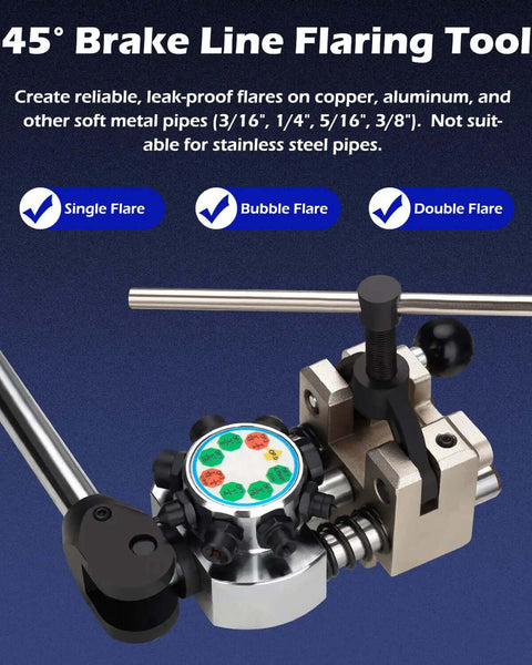Brake Line Flaring Tool Kit 45 Degree Bubble And Double Flare Set for 3/16 to 3/8 inch tubes, leak-proof flares for copper and aluminum