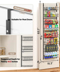 Eight Tier Pantry Door Organizer In Black Super Sturdy Over The Door Storage Bins with pantry items, dimensions shown, suitable for most doors.