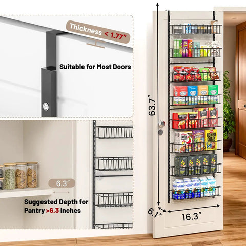 Eight Tier Pantry Door Organizer In Black Super Sturdy Over The Door Storage Bins with pantry items, dimensions shown, suitable for most doors.
