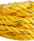 Close-up of coiled yellow rope with black stripes, 50ft long, highlighting texture of Polysteel Rope With Snap Hook Heavy Duty 50 Foot Polyester Utility Line For Hoisting And Securing Gear Towing And Quick Tie Downs All Weather 100 Percent Polyester Construction Built Like A Workhorse.