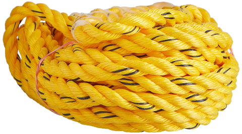 Close-up of coiled yellow rope with black stripes, 50ft long, highlighting texture of Polysteel Rope With Snap Hook Heavy Duty 50 Foot Polyester Utility Line For Hoisting And Securing Gear Towing And Quick Tie Downs All Weather 100 Percent Polyester Construction Built Like A Workhorse.