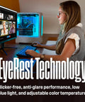 Woman using 24 Inch Gaming Monitor With 120Hz Refresh And 1ms Response Time, Sick IPS Color, 1080p FHD, Built In Speakers
