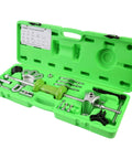 Open green case containing Slide Hammer Puller Set With Dent Puller CV Axle And Bearing Removal Tool Kit Heavy Duty Automotive Hub Gear And Three Jaw Puller Attachments For Dent Repair And Bearing Replacement Workhorse Steel Build For Auto Body Work components organized inside.
