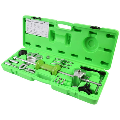 Open green case containing Slide Hammer Puller Set With Dent Puller CV Axle And Bearing Removal Tool Kit Heavy Duty Automotive Hub Gear And Three Jaw Puller Attachments For Dent Repair And Bearing Replacement Workhorse Steel Build For Auto Body Work components organized inside.