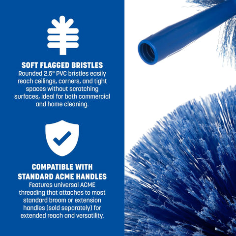 Round Duster Head With Soft Flagged Bristles In Blue 9 Inch 12 Pack For Ceiling Dusting Vents And Overhead Surfaces No Fuss Dusting With Broad Coverage And Easy Reach, close-up of blue PVC bristles