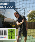 Man opening door of Batting Cage Net Only 55 Ft Long By 35 Ft Wide By 20 Ft High Fully Enclosed Baseball And Softball Cage Netting