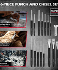 16-piece punch and chisel set for metal, wood, and mechanics with taper punches, pin punches, cold chisels, and chrome vanadium durability