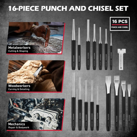 16-piece punch and chisel set for metal, wood, and mechanics with taper punches, pin punches, cold chisels, and chrome vanadium durability