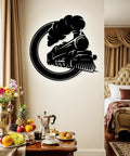 Steam Locomotive Metal Sign Wall Art Solid Iron Silhouette Badass Industrial Railroad Themed Decor in elegant bedroom