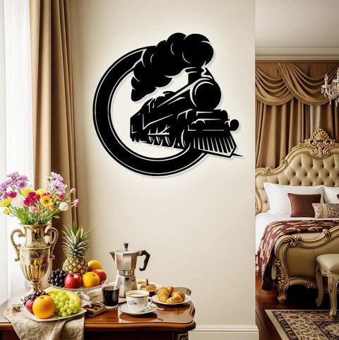 Steam Locomotive Metal Sign Wall Art Solid Iron Silhouette Badass Industrial Railroad Themed Decor in elegant bedroom