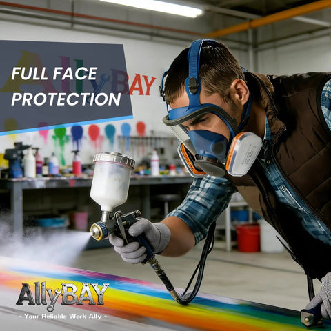 Man wearing Full Face Reusable Respirator Mask With A1 Organic Vapor Filters And P2 Dust Filters for painting in a workshop.