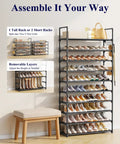 Go-To Heavy Duty 10 Tier Shoe Rack displaying various shoes organized on shelves, with removable layers and adjustable height, in matte black.