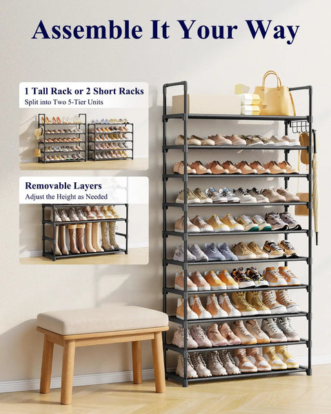 Go-To Heavy Duty 10 Tier Shoe Rack displaying various shoes organized on shelves, with removable layers and adjustable height, in matte black.