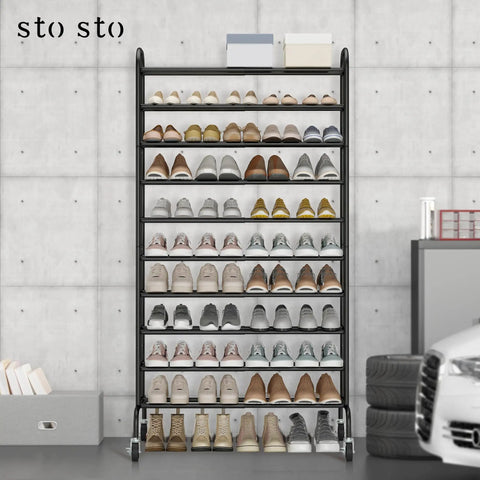 Expandable 10 Tier Metal Shoe Rack Tall Free Standing Organizer For Entryway Or Garage Go To Space Saver Adjustable From 17.7 To 33 Inches Holds Up To 44 Pairs Under Shelf Storage Black