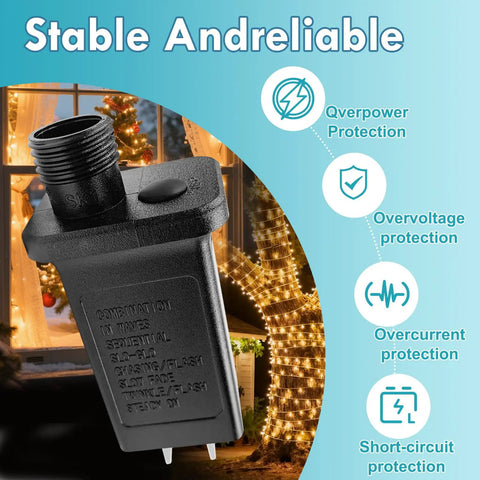 24V 0.3A LED Transformer Power Supply With 8 Modes IP44 Waterproof Low Voltage Class 2 Transformer US Plug, shown outdoors.