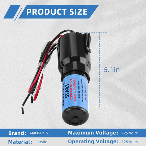 3 In 1 Hard Start Kit For Refrigerators And Freezers With Overload, Start Relay, And Compressor Capacitor 115VAC product size.