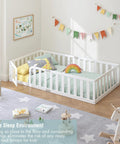 Twin Size Solid Wood Montessori Floor Bed Frame With Secure Guard Rail And Playful Front Door Design Delivers No Sweat Assembly And Smooth Big Kid Sleep Upgrade For Growing Toddlers Daily in a cozy play area with colorful accessories.