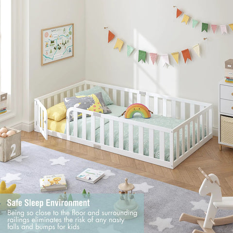 Twin Size Solid Wood Montessori Floor Bed Frame With Secure Guard Rail And Playful Front Door Design Delivers No Sweat Assembly And Smooth Big Kid Sleep Upgrade For Growing Toddlers Daily in a cozy play area with colorful accessories.