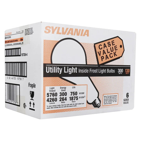 Beefy 300W PS30 Incandescent Light Bulbs 6 Pack For E26 Medium Base Frosted Warm White 2850K High Output Utility Lamps Box