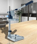 Adjustable Drill Press Stand For Hand Drill Universal Bench Clamp aluminum base and steel column in a home workshop setting.