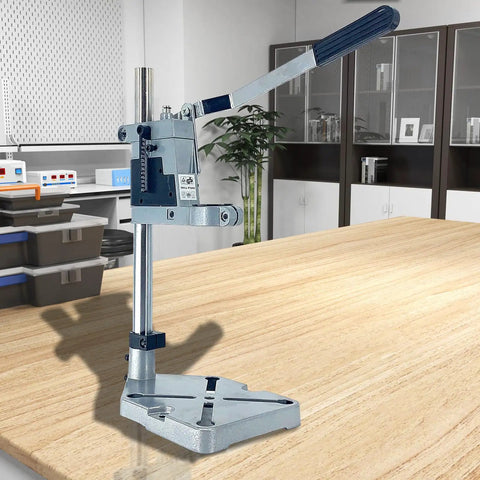 Adjustable Drill Press Stand For Hand Drill Universal Bench Clamp aluminum base and steel column in a home workshop setting.