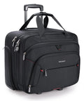 Black rolling laptop bag with wheels for 17.3 inch laptop, 40 liter capacity, telescoping handle, large compartment, and TSA lock.