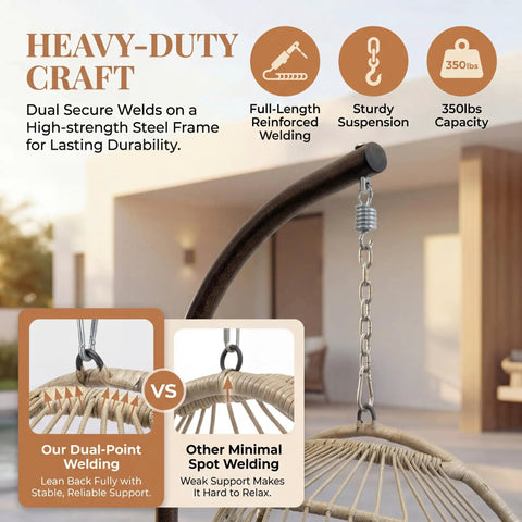 Outdoor Egg Chair With Stand For Patio Backyard Hanging Swing Chair With Foldable Rattan UV Resistant Padded Cushion 350 Lb Capacity Beige Cozy And Chill, showing dual-point reinforced welding detail, 350 lbs capacity.
