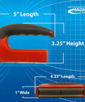 Master Magnetics red handheld magnet with ergonomic black handle, side view, 5-inch length