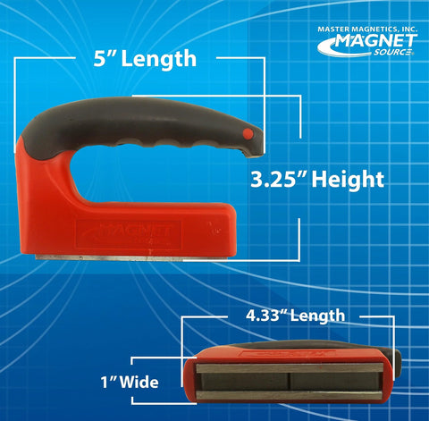 Master Magnetics red handheld magnet with ergonomic black handle, side view, 5-inch length
