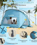 Pop Up Beach Tent With Extended Canopy For 4-6 People CumbreX Sun Shelter; family inside tent on beach with stability features.