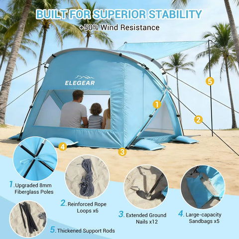Pop Up Beach Tent With Extended Canopy For 4-6 People CumbreX Sun Shelter; family inside tent on beach with stability features.